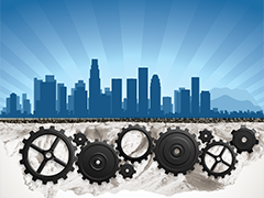 clipart of blue Los Angeles skyline with a system of gears underneath