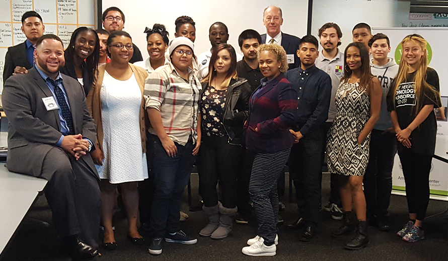 Michael Smith, Carmen Drummond, Johan Uvin and Current Participants in the Boyle Heights YouthSource Center programs